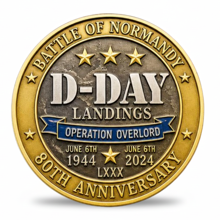 D-Day Landings Operation Overlord Battle of Normandy 80th anniversary collectible coin token June 6th 1944 to 2024 LXXX military memorial

