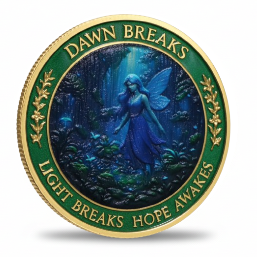 Dawn Breaks fairy enchanted forest collectible coin gold finish front scene with glowing fairy and laurel border available at One More Coin store
