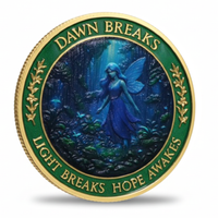 Dawn Breaks fairy enchanted forest collectible coin gold finish front scene with glowing fairy and laurel border available at One More Coin store
