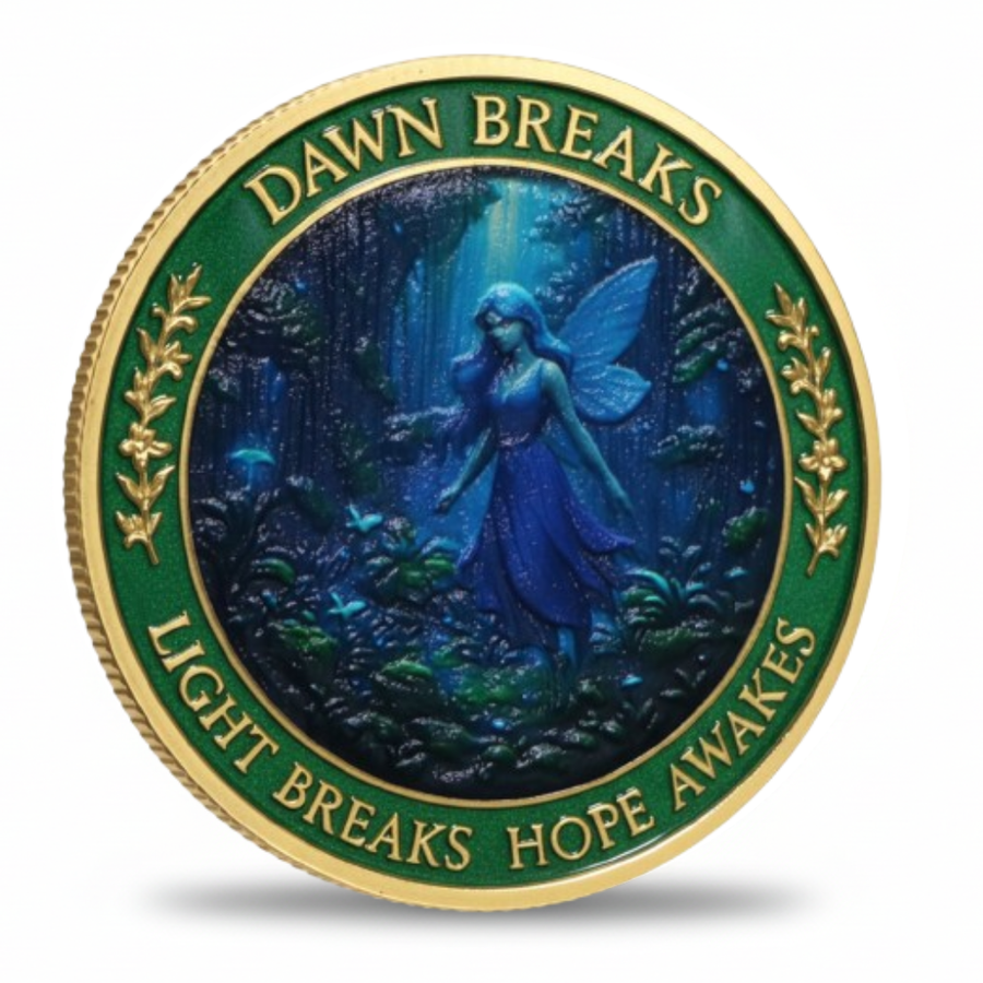 Dawn Breaks fairy enchanted forest collectible coin gold finish front scene with glowing fairy and laurel border available at One More Coin store
