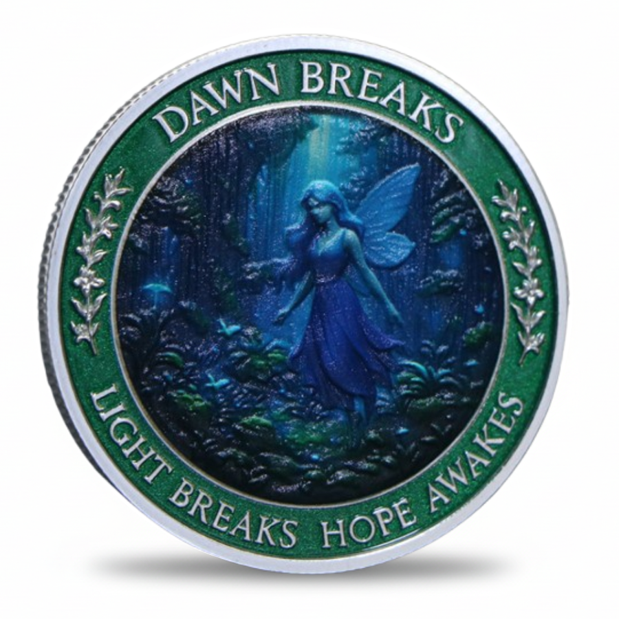 Dawn Breaks fairy enchanted forest collectible coin silver finish front scene with glowing fairy and laurel border collectible token
