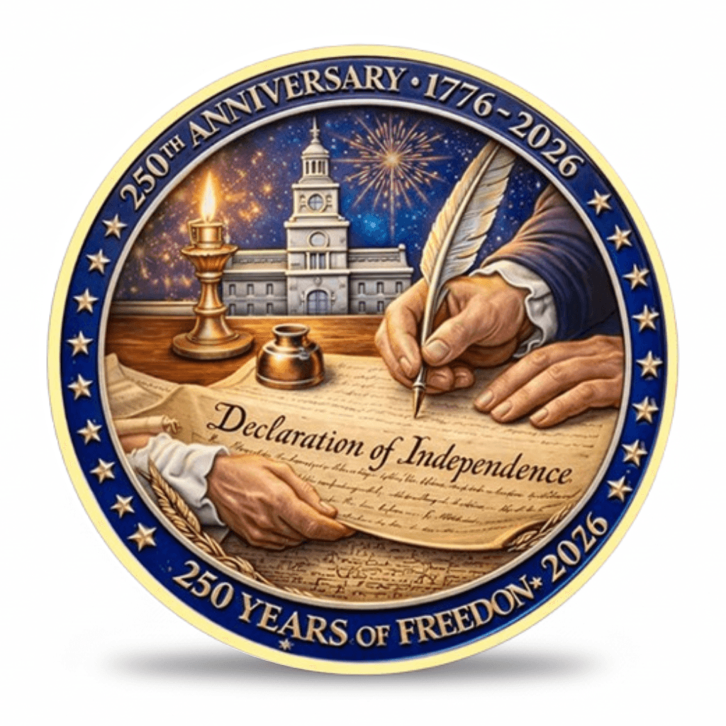 Declaration of Independence 250th anniversary 1776-2026 collectible coin token front face available at One More Coin store
