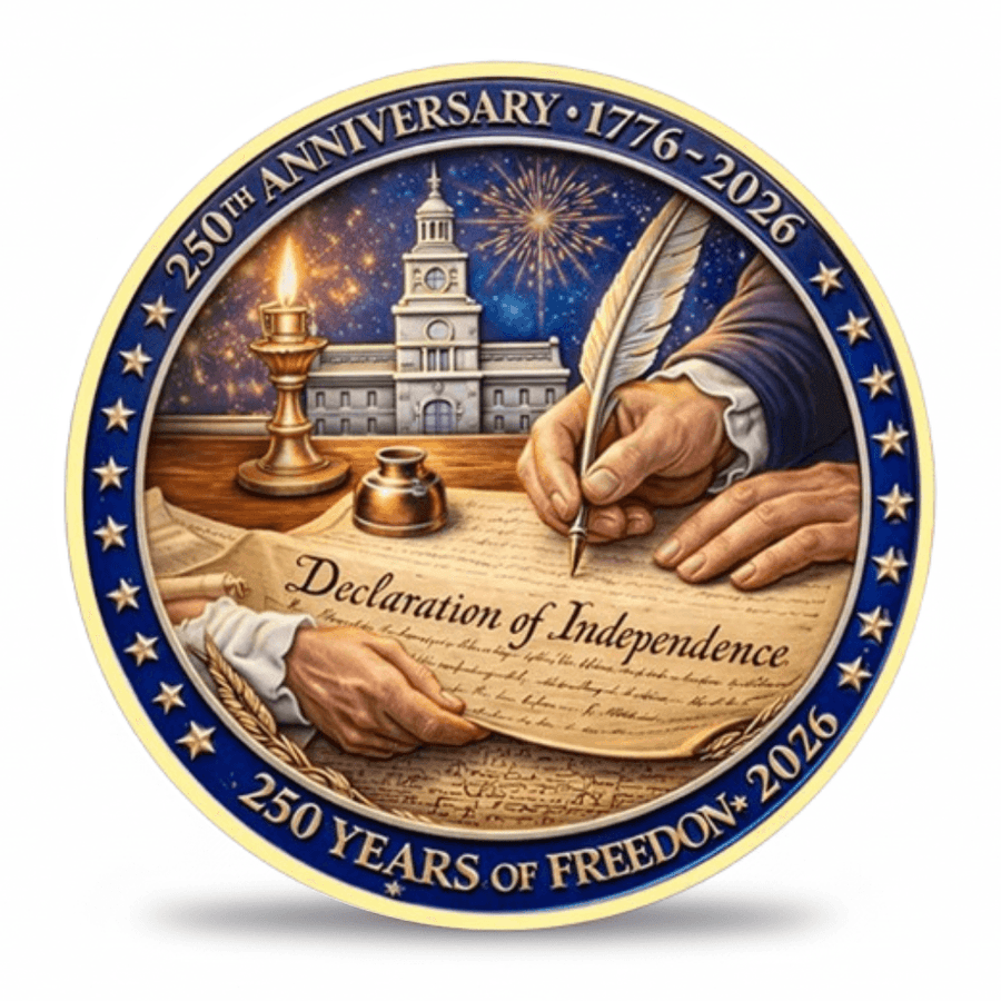 Declaration of Independence 250th anniversary 1776-2026 collectible coin token front face available at One More Coin store
