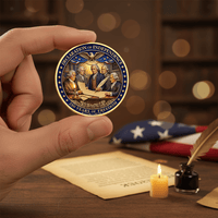 Hand holding Declaration of Independence 250th anniversary collectible coin token in Americana study setting
