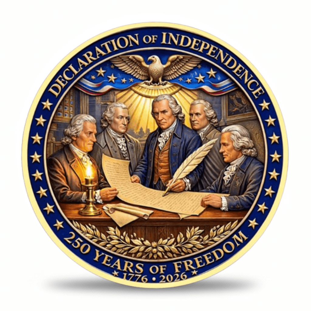 Founding Fathers signing Declaration of Independence 250 Years of Freedom 1776-2026 collectible coin token reverse
