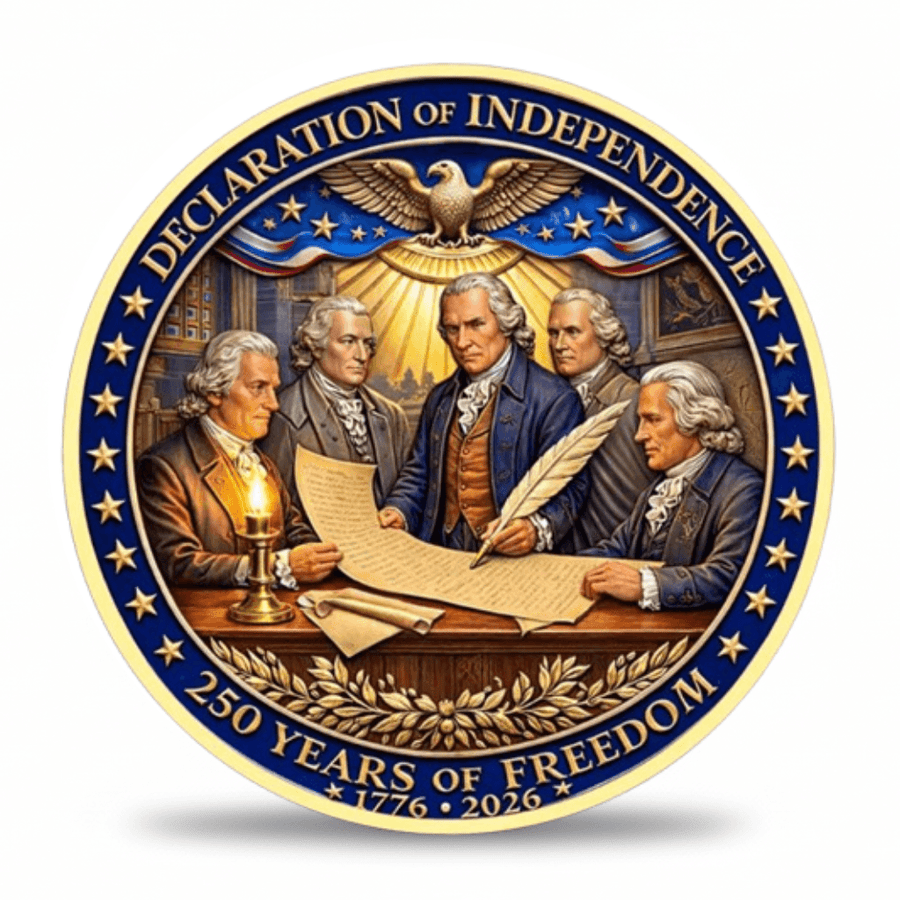 Founding Fathers signing Declaration of Independence 250 Years of Freedom 1776-2026 collectible coin token reverse
