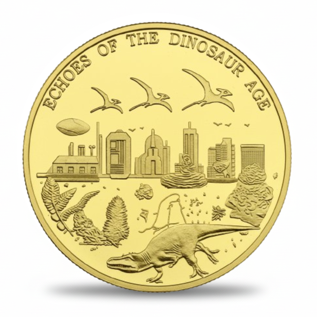 Dinosaur coin reverse side Echoes of the Dinosaur Age commemorative design
