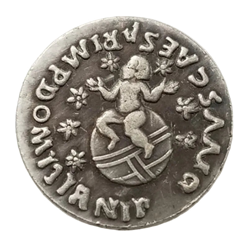 Domitian denarius Roman coin replica reverse deified infant seated on globe seven stars floral rosettes ancient Roman collectible token
