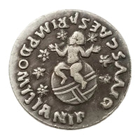 Domitian denarius Roman coin replica reverse deified infant seated on globe seven stars floral rosettes ancient Roman collectible token

