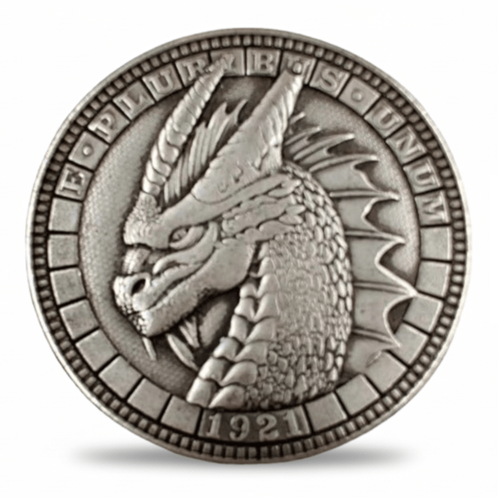 Dragon hobo nickel coin E Pluribus Unum 1921 Morgan Dollar style gothic fantasy collectible coin token available at One More Coin store