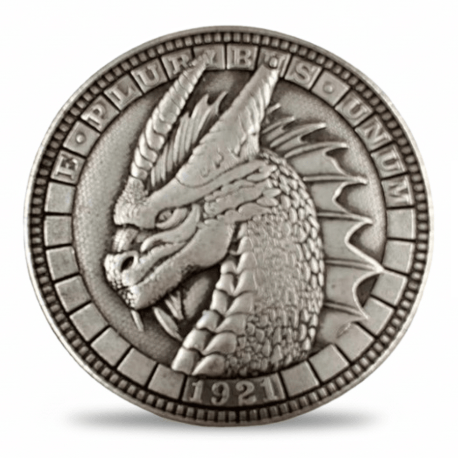 Dragon hobo nickel coin E Pluribus Unum 1921 Morgan Dollar style gothic fantasy collectible coin token available at One More Coin store