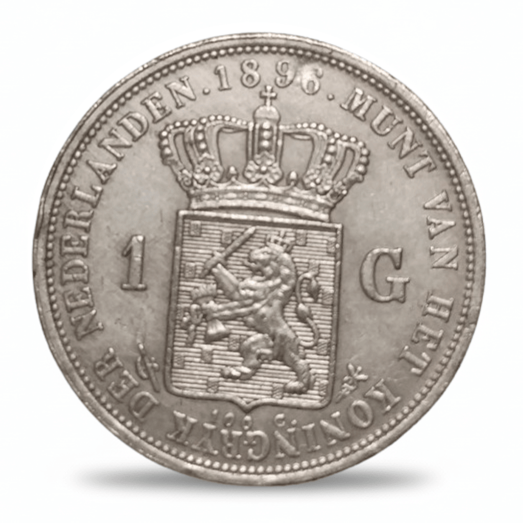 Dutch 1 Gulden 1896 coin replica Netherlands coat of arms rampant lion royal crown Munt van het Koninkrijk der Nederlanden reverse antique silver historical collectible
