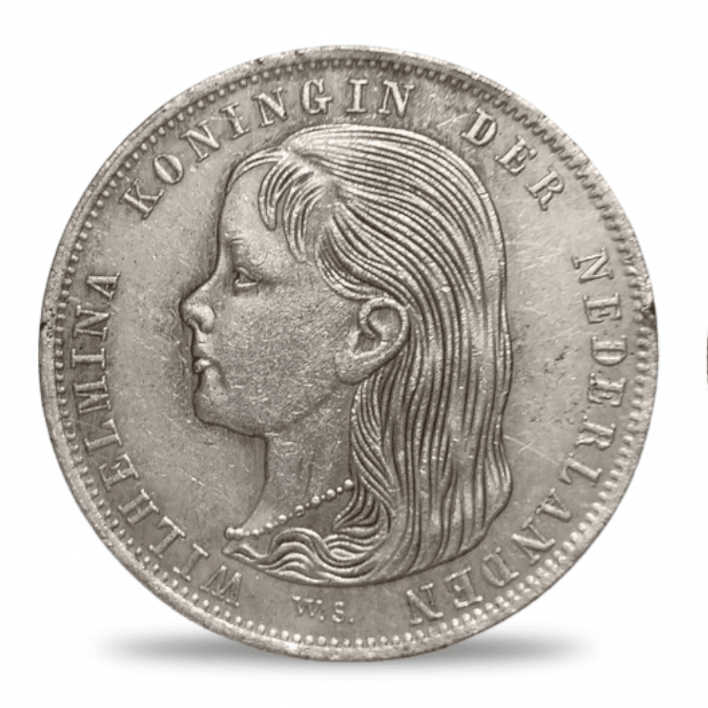 Dutch 1 Gulden 1896 coin replica Queen Wilhelmina Koningin der Nederlanden portrait obverse antique silver historical collectible available at One More Coin store
