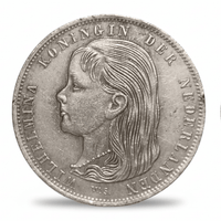 Dutch 1 Gulden 1896 coin replica Queen Wilhelmina Koningin der Nederlanden portrait obverse antique silver historical collectible available at One More Coin store
