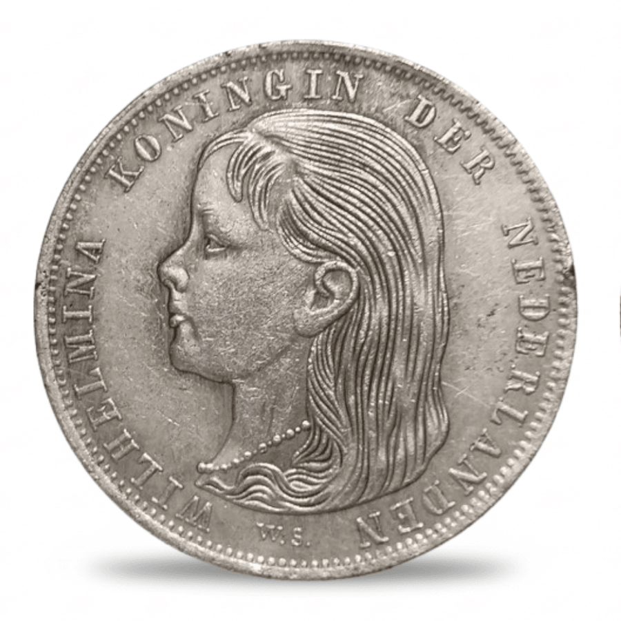 Dutch 1 Gulden 1896 coin replica Queen Wilhelmina Koningin der Nederlanden portrait obverse antique silver historical collectible available at One More Coin store
