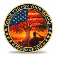 Duty Honor Country military veteran coin soldier saluting American flag tree at sunset thank you for your service proud of you gold enamel gift for veterans available at One More Coin store
