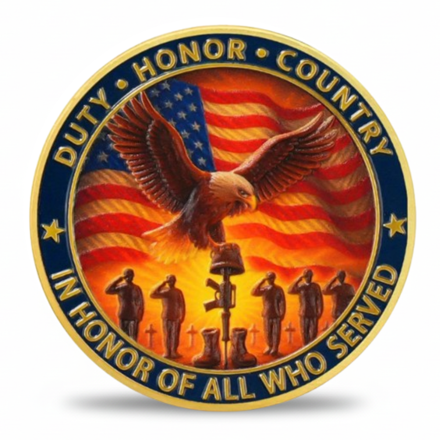 Duty Honor Country military veteran coin reverse bald eagle above battlefield cross five soldiers saluting in honor of all who served gold enamel military collectible token
