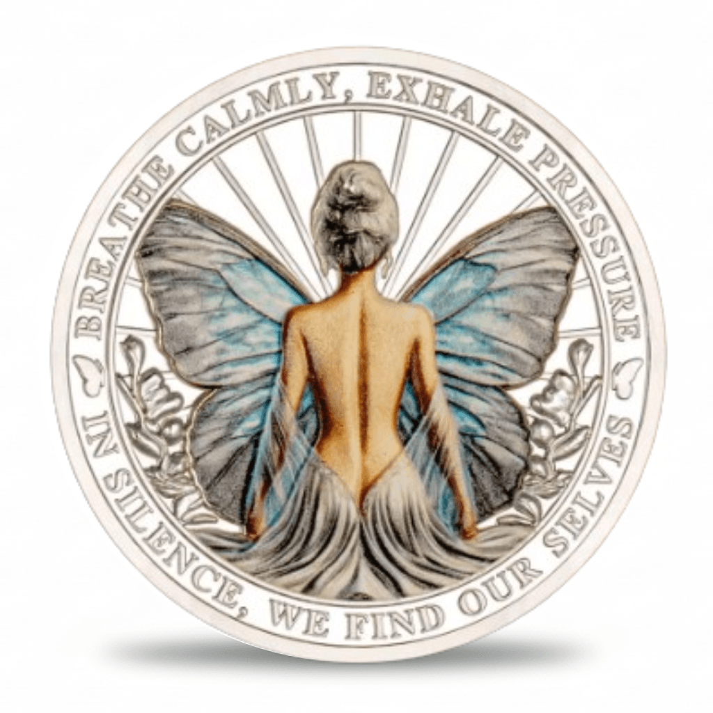 Breathe Calmly Exhale Pressure butterfly woman mindfulness collectible coin silver plated available at One More Coin store
