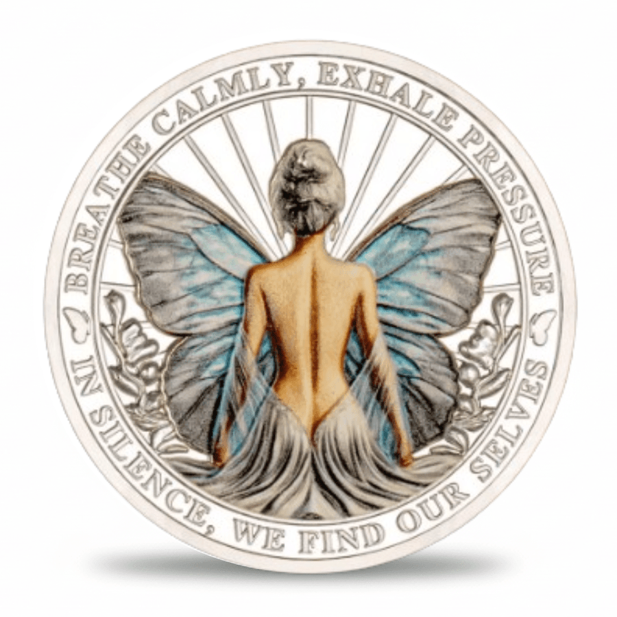 Breathe Calmly Exhale Pressure butterfly woman mindfulness collectible coin silver plated available at One More Coin store
