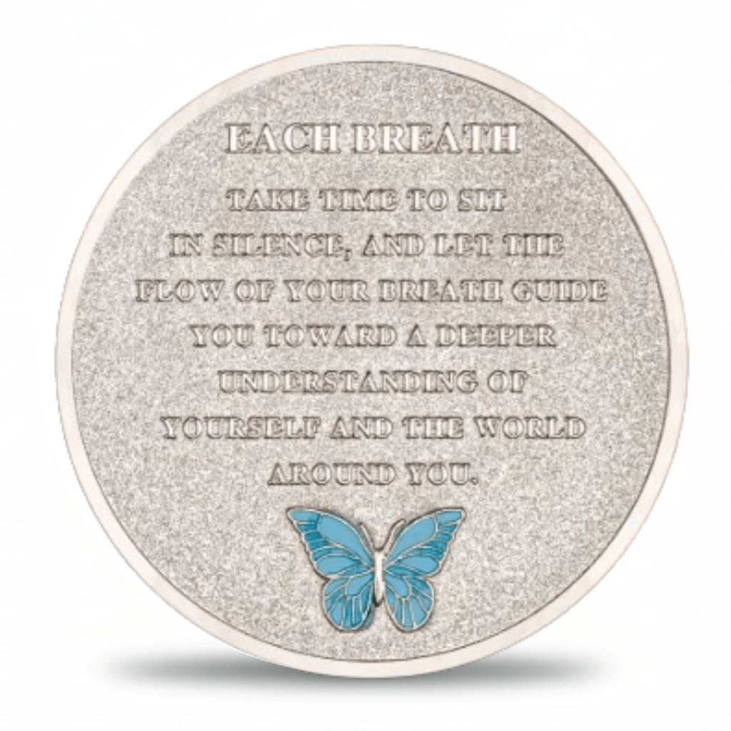 Each Breath meditation verse blue butterfly mindfulness collectible coin reverse side silver finish
