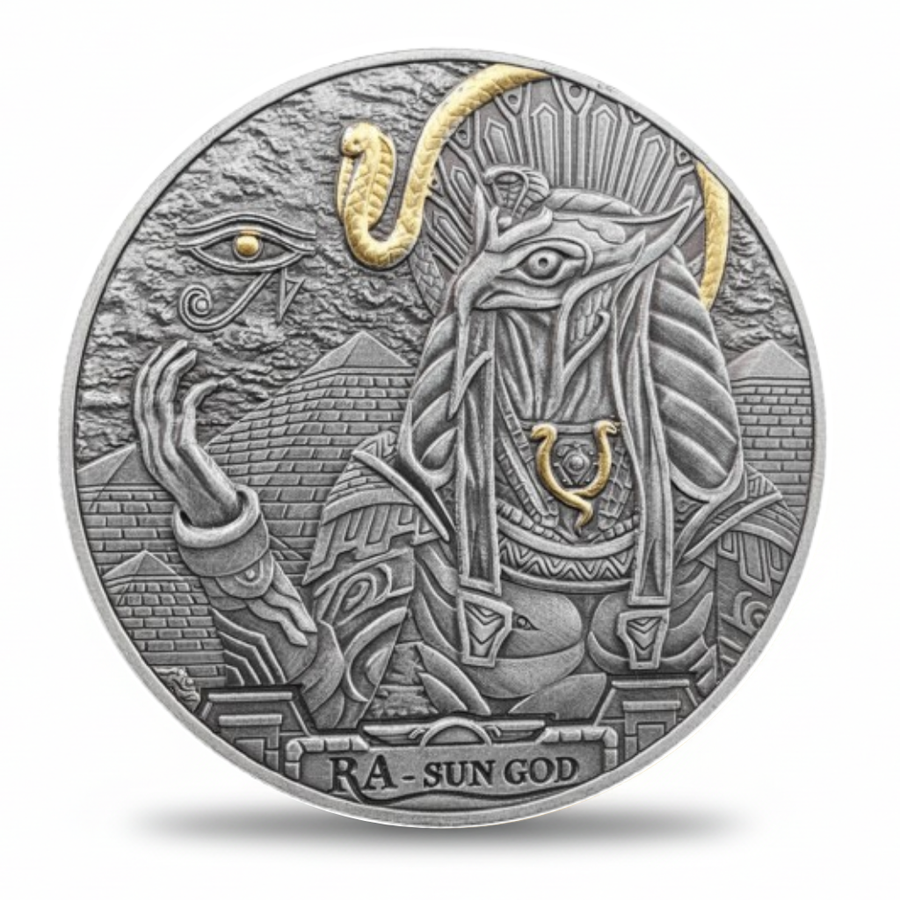 Egyptian Ra sun god commemorative collectible coin falcon-headed deity Eye of Horus pyramid hieroglyphics ancient Egypt mythology available at One More Coin store
