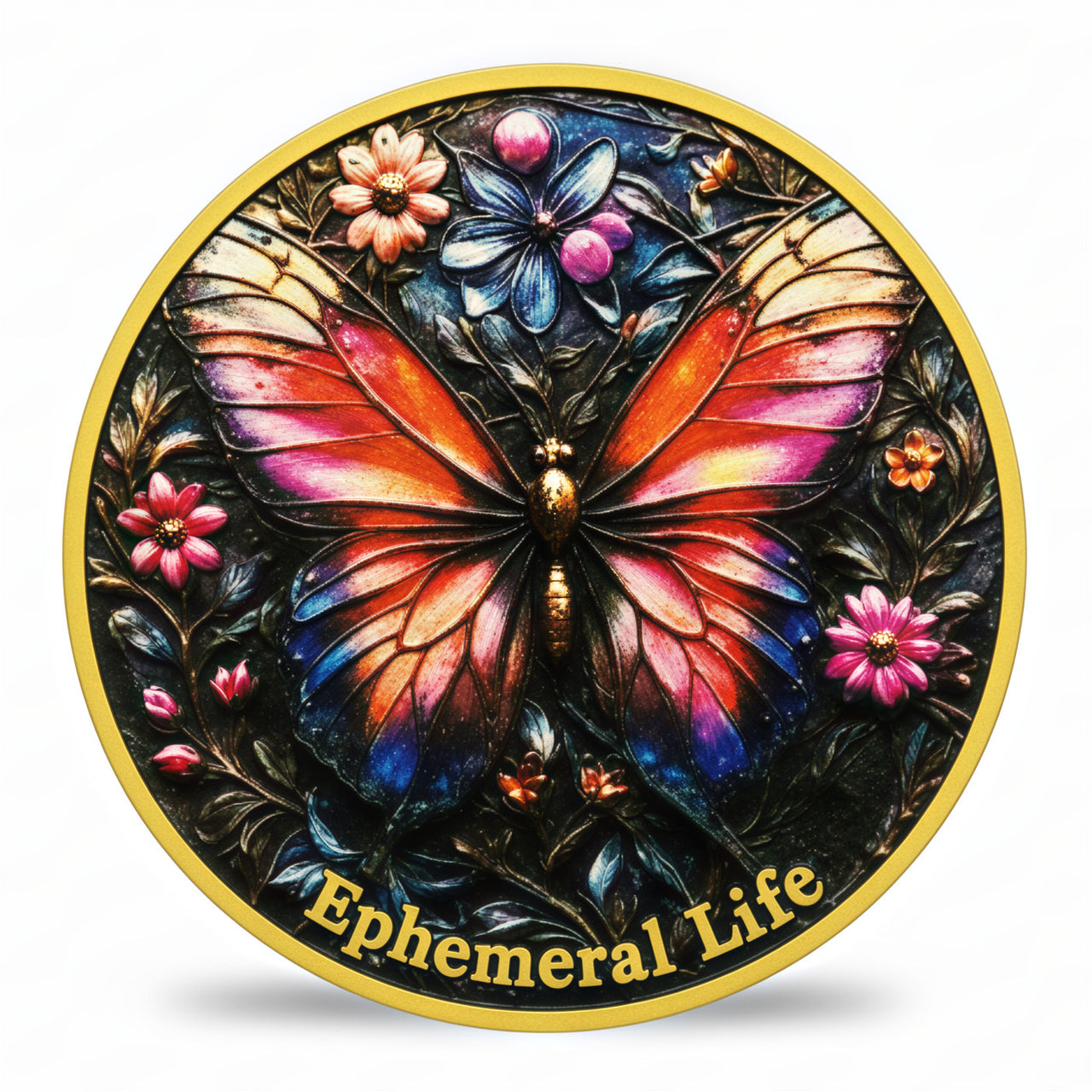 A circular decorative coin featuring a colorful butterfly with orange, pink, and blue wings on a dark background, surrounded by flowers and the text 'Ephemeral Life' in gold at the bottom. The plaque is shown on a clean white background with a soft shadow underneath.