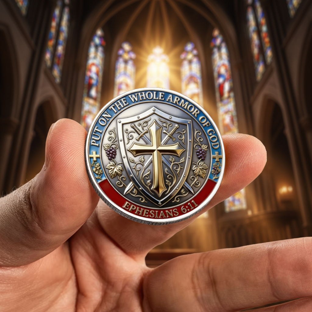 A close-up of a hand holding a detailed, metallic commemorative coin featuring a cross and shield design, with a blurred cathedral interior in the background.