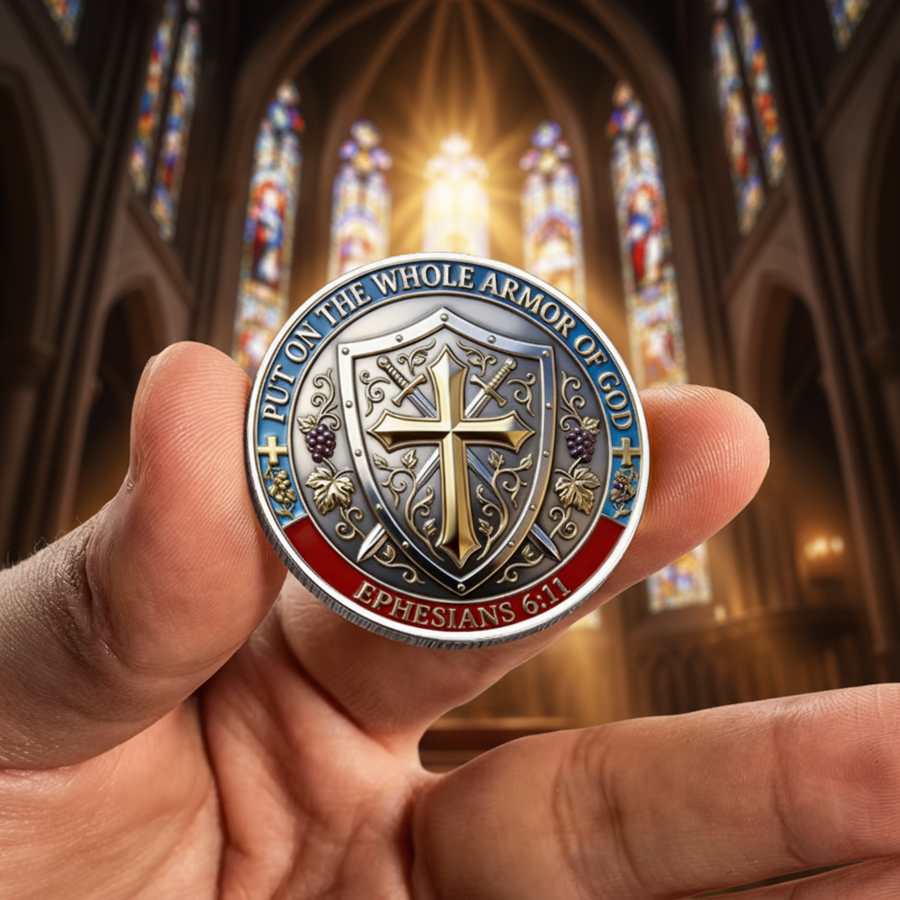 A close-up of a hand holding a detailed, metallic commemorative coin featuring a cross and shield design, with a blurred cathedral interior in the background.