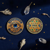 Evil Eye Protection and Vision coin both sides overhead flat lay midnight blue velvet sage quartz crystal gold star props spiritual protection divine shield collectible