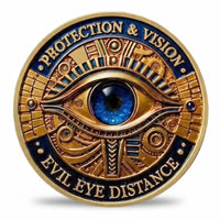 Evil Eye Protection and Vision coin front face blue cabochon evil eye Egyptian style panels gold teal blue enamel protection vision evil eye distance spiritual collectible available at One More Coin store
