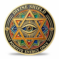 Evil Eye Protection and Vision coin reverse Divine Shield sacred geometry hexagram all-seeing amber eye stained glass multicolour enamel red orange teal blue mandala positive energy only spiritual collectible token

