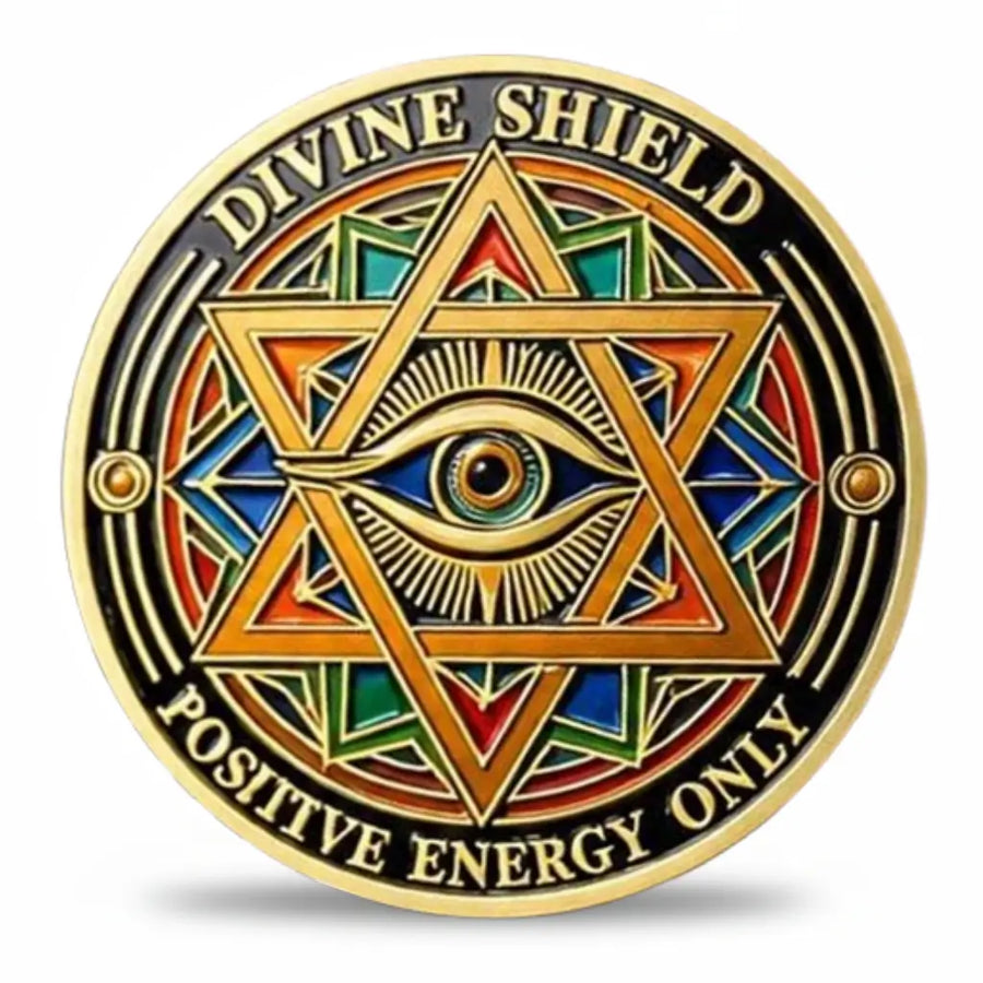 Evil Eye Protection and Vision coin reverse Divine Shield sacred geometry hexagram all-seeing amber eye stained glass multicolour enamel red orange teal blue mandala positive energy only spiritual collectible token
