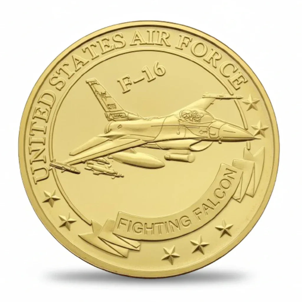 F-16 Fighting Falcon challenge coin reverse United States Air Force fighter jet design
