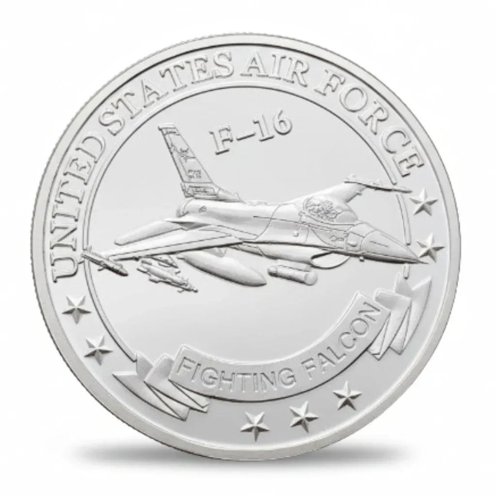 F-16 challenge coin reverse silver finish Air Force fighter jet collectible
