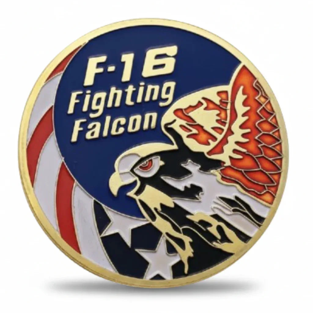 F-16 Fighting Falcon military challenge coin gold finish USAF collectible gift for Air Force veterans available at One More Coin store
