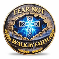 Fear Not Walk By Faith Celtic cross coin blue lightning storm mountain scene gold laurel wreath Christian collectible available at One More Coin store