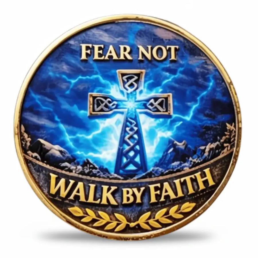 Fear Not Walk By Faith Celtic cross coin stone wall breakthrough blue lightning gold tone antique finish Christian faith collectible token