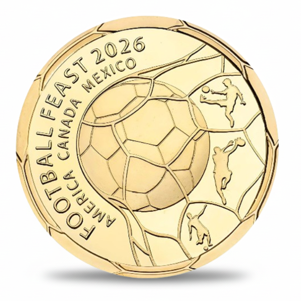 Reverse of Football Feast 2026 commemorative collectible coin showing football relief and player silhouettes FIFA World Cup collectible token

