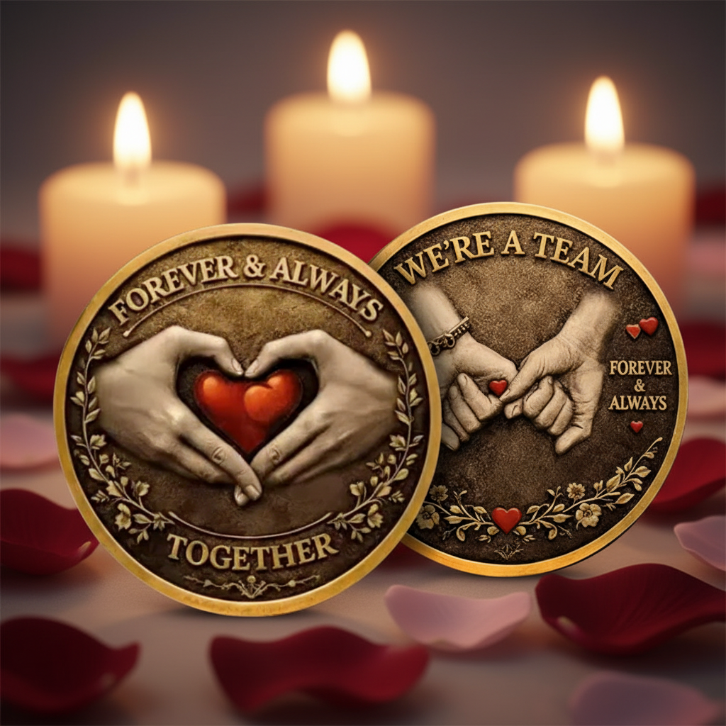 Two round commemorative coins with a bronze and gold finish, featuring an illustration of two hands forming a heart shape with a red heart in the center. One coin reads 'FOREVER & ALWAYS TOGETHER' and the other reads 'WE'RE A TEAM FOREVER & ALWAYS'.