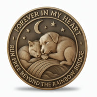 Forever in My Heart Rainbow Bridge pet memorial coin cat and dog sleeping under crescent moon antique bronze sympathy gift for pet loss available at One More Coin store
