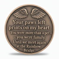 Rainbow Bridge pet memorial coin reverse angel wings your paws left prints on my heart poem antique bronze cat dog loss keepsake collectible token
