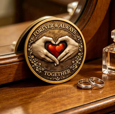 A round engraved metal keepsake coin with a bronze-toned finish, featuring two hands forming a heart shape around a red heart in the center, with the words 'FOREVER & ALWAYS' and 'TOGETHER' around the edge. The coin is photographed on a wooden surface next to two silver rings and a glass bottle.