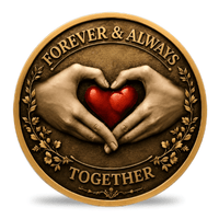 A round bronze-toned keepsake coin featuring two hands forming a heart shape with a red heart in the center, bordered by the words 'FOREVER & ALWAYS' at the top and 'TOGETHER' at the bottom.