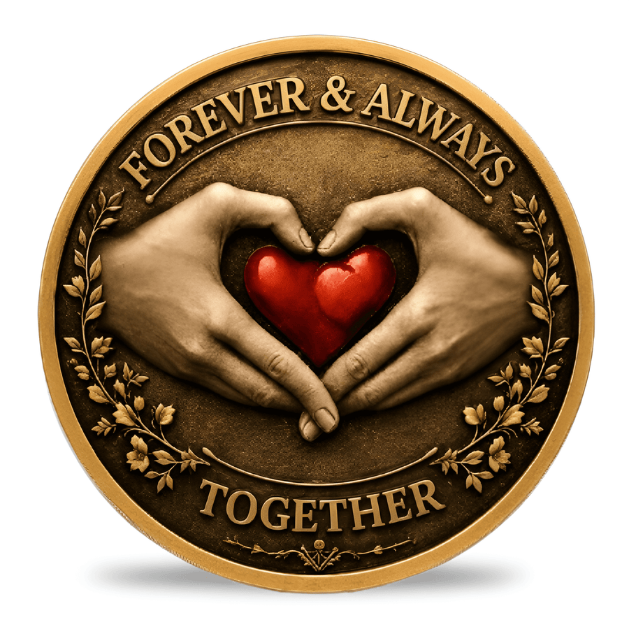A round bronze-toned keepsake coin featuring two hands forming a heart shape with a red heart in the center, bordered by the words 'FOREVER & ALWAYS' at the top and 'TOGETHER' at the bottom.