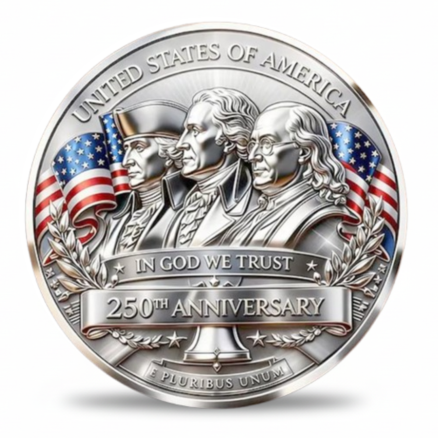 Founding Fathers USA 250th anniversary collectible coin featuring Washington Jefferson Franklin portraits American flags In God We Trust 250th Anniversary E Pluribus Unum silver tone high relief patriotic commemorative collectible token available at One More Coin store
