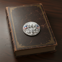 Founding Fathers USA 250th anniversary collectible coin lying on leather bound book dark wooden desk warm natural lighting patriotic commemorative collectible token lifestyle shot
