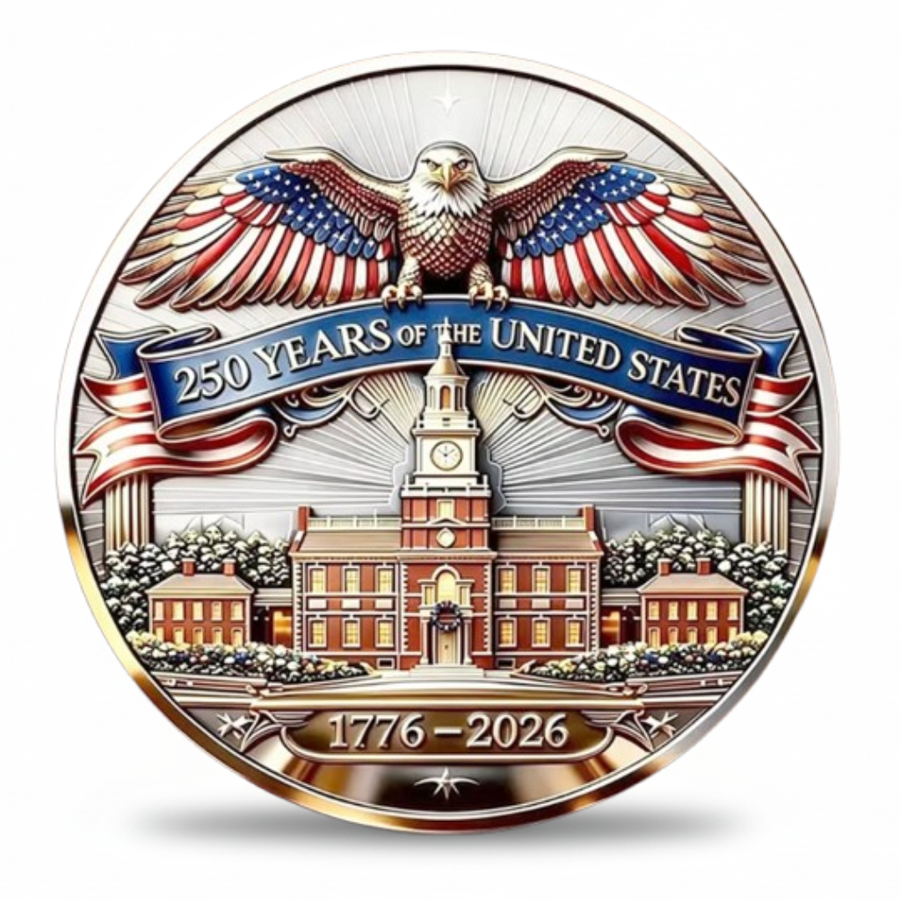 Founding Fathers 250th anniversary coin reverse featuring Bald Eagle over Independence Hall Philadelphia 250 Years of the United States 1776 2026 full colour enamel commemorative collectible token
