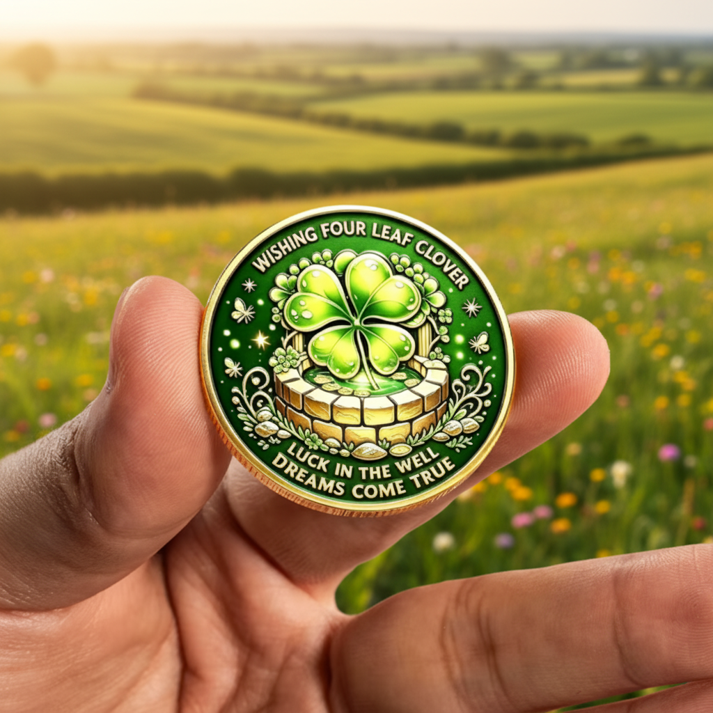 Four Leaf Clover coin hand held Irish meadow background