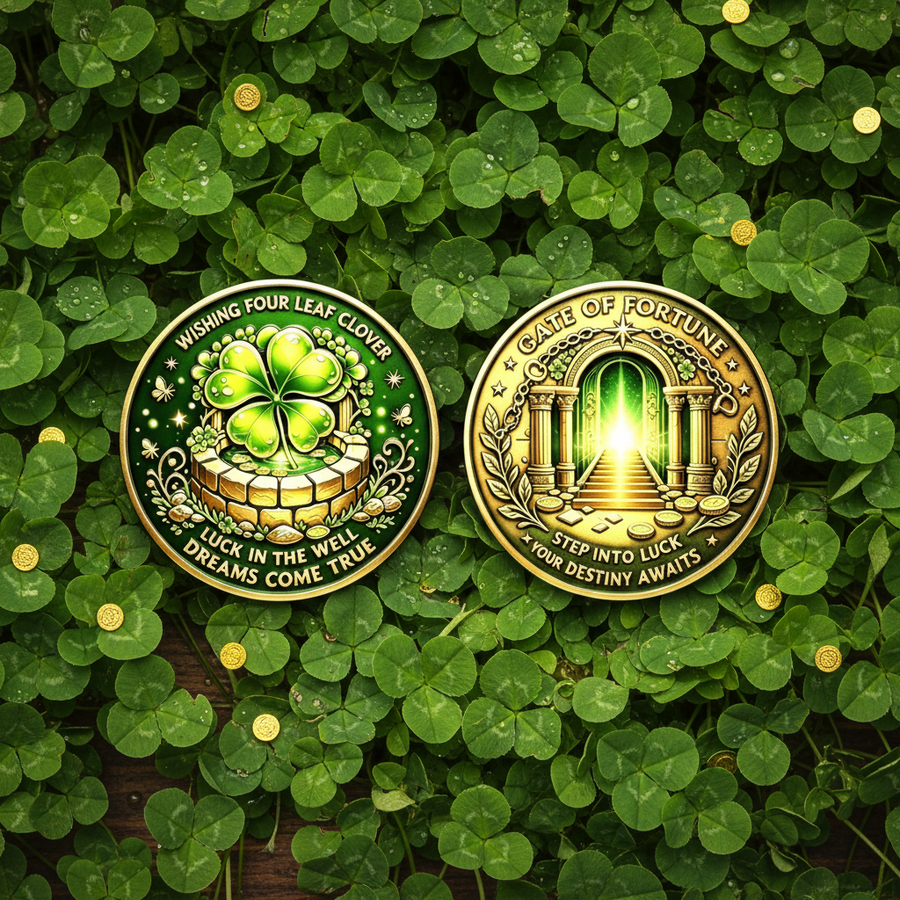 Two circular good luck coins displayed side-by-side on a bed of green clover.