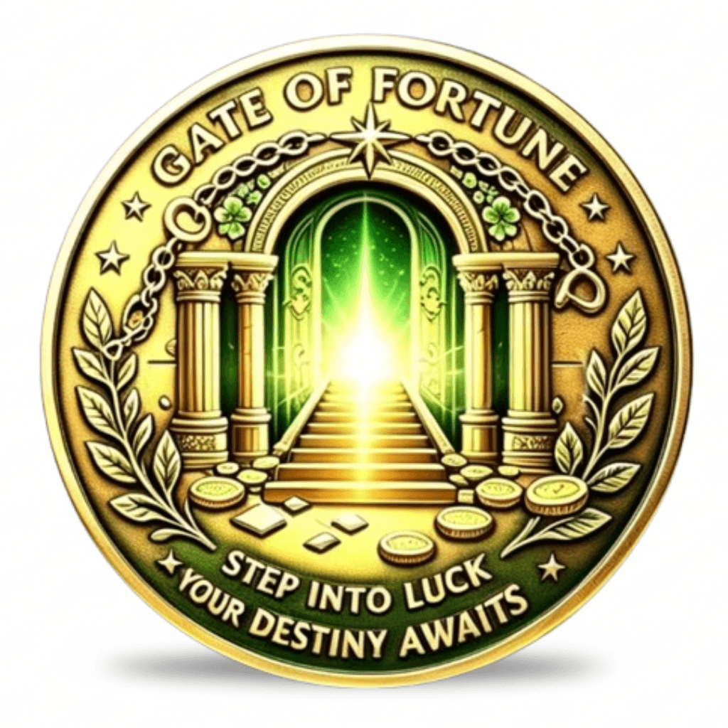 A round gold-colored coin with embossed text reading 'GATE OF FORTUNE' and 'STEP INTO LUCK YOUR DESTINY AWAITS,' featuring an illustrated pathway leading through a glowing green archway between two pillars, with stars, leaves, and coins around the border.